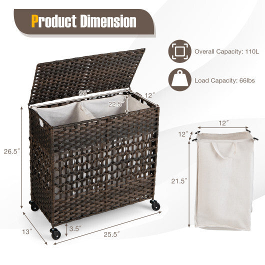 110L 2-Section Laundry Hamper with 2 Removable and Washable Liner Bags-Brown - Color: Brown LuxuryLifeWay Online Store