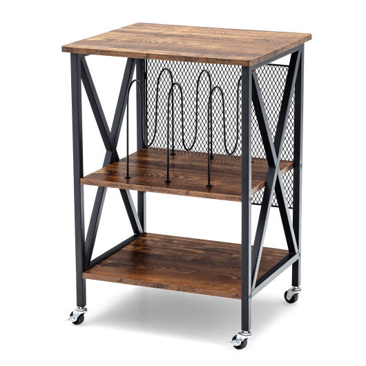 3 Tiers Vintage Style Rolling End Table with 3 Dividers for Albums-Brown LuxuryLifeWay Online Store