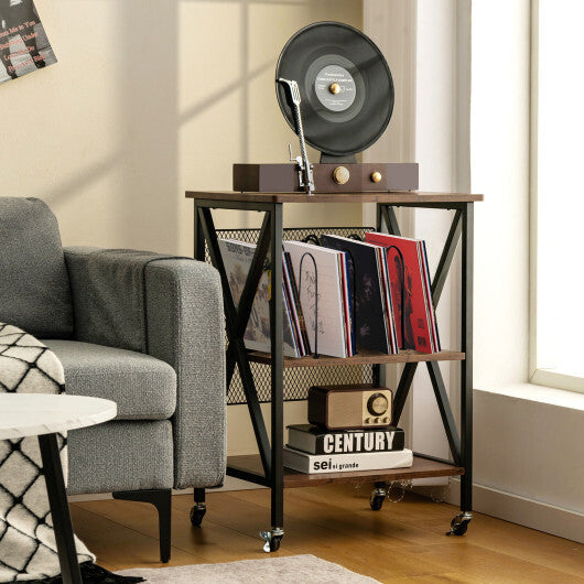 3 Tiers Vintage Style Rolling End Table with 3 Dividers for Albums-Brown LuxuryLifeWay Online Store
