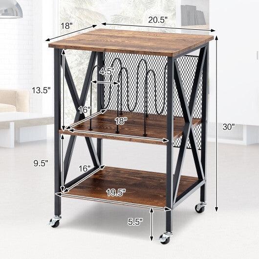 3 Tiers Vintage Style Rolling End Table with 3 Dividers for Albums-Brown LuxuryLifeWay Online Store