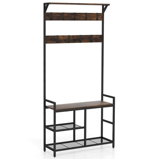 71 Inch Freestanding Hall Tree with Shoe Bench and 9 Removable Hooks-Rustic Brown LuxuryLifeWay Online Store