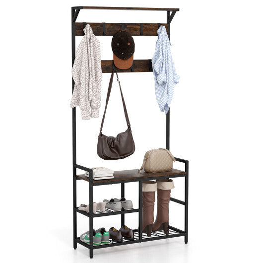 71 Inch Freestanding Hall Tree with Shoe Bench and 9 Removable Hooks-Rustic Brown LuxuryLifeWay Online Store