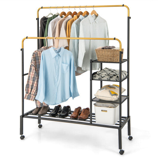 Rolling Double Rods Garment Rack with Height Adjustable Hanging Bars-Golden LuxuryLifeWay Online Store