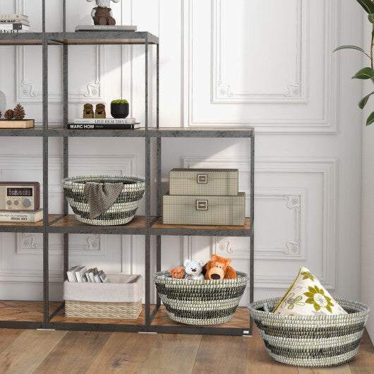 Natural Canes Grass Baskets Stackable Storage Bins Set of 3 with Hollowed Handles