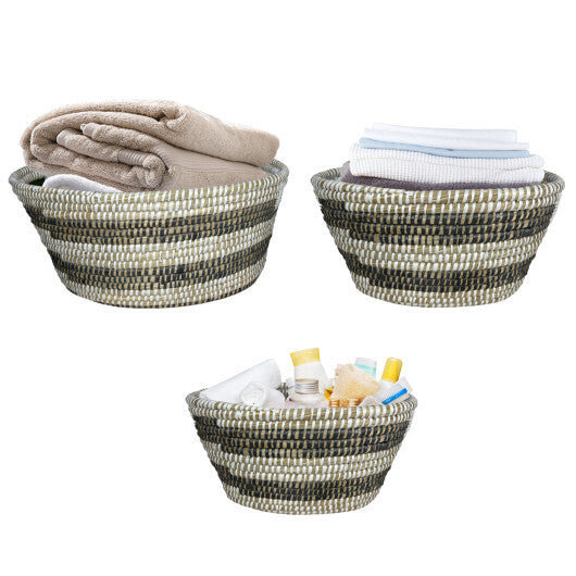 Natural Canes Grass Baskets Stackable Storage Bins Set of 3 with Hollowed Handles