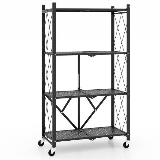 4-Tier Foldable Storage Shelf Collapsible Storage Rack with Lockable Wheels-Black LuxuryLifeWay Online Store
