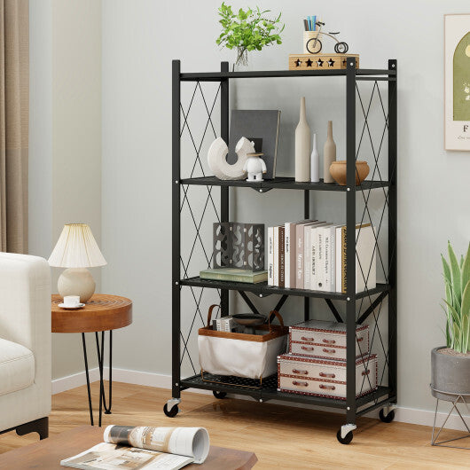 4-Tier Foldable Storage Shelf Collapsible Storage Rack with Lockable Wheels-Black LuxuryLifeWay Online Store