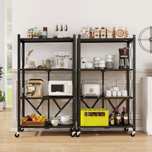4-Tier Foldable Storage Shelf Collapsible Storage Rack with Lockable Wheels-Black LuxuryLifeWay Online Store