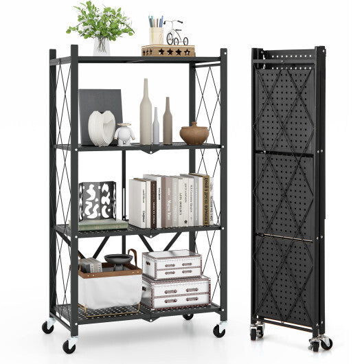 4-Tier Foldable Storage Shelf Collapsible Storage Rack with Lockable Wheels-Black LuxuryLifeWay Online Store