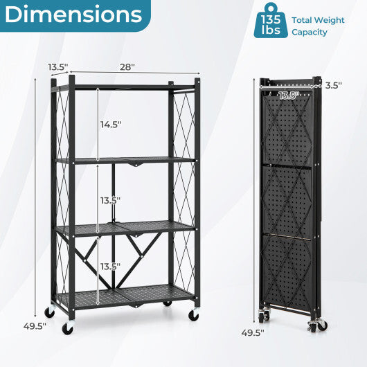 4-Tier Foldable Storage Shelf Collapsible Storage Rack with Lockable Wheels-Black LuxuryLifeWay Online Store