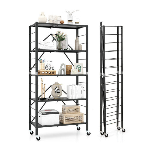 5-Tier Foldable Storage Shelf with Wheels-Black LuxuryLifeWay Online Store