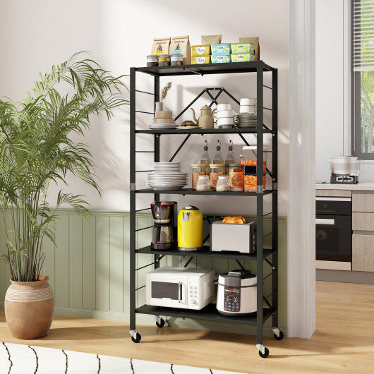5-Tier Foldable Storage Shelf with Wheels-Black LuxuryLifeWay Online Store