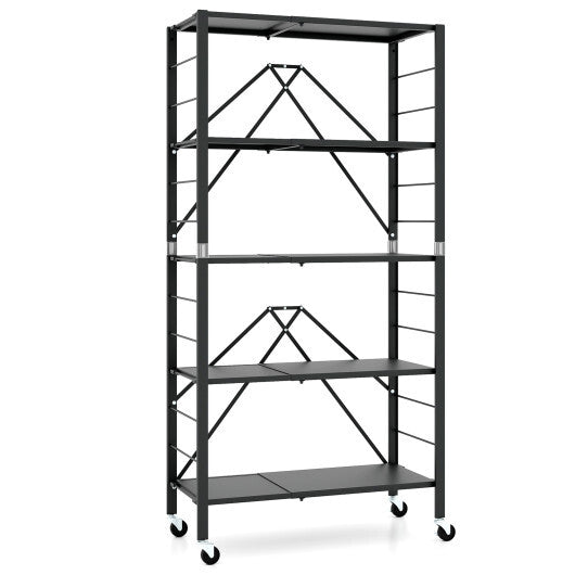 5-Tier Foldable Storage Shelf with Wheels-Black LuxuryLifeWay Online Store