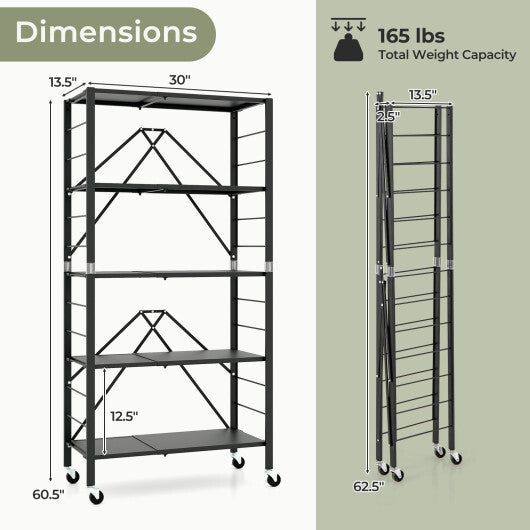 5-Tier Foldable Storage Shelf with Wheels-Black LuxuryLifeWay Online Store