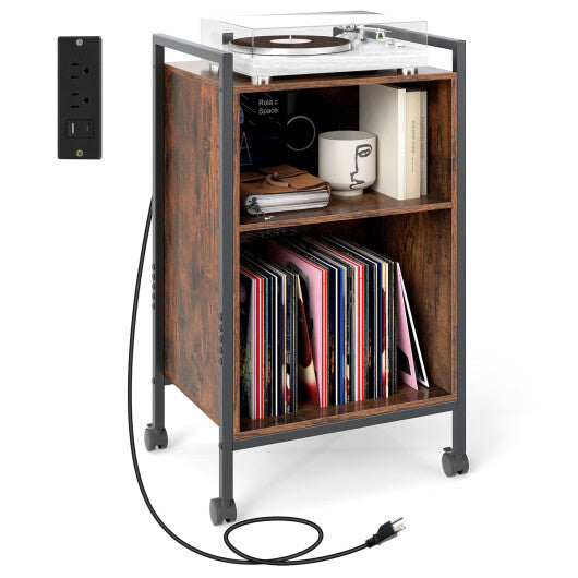 Mobile Record Player Stand with Power Outlet-Rustic Brown LuxuryLifeWay Online Store