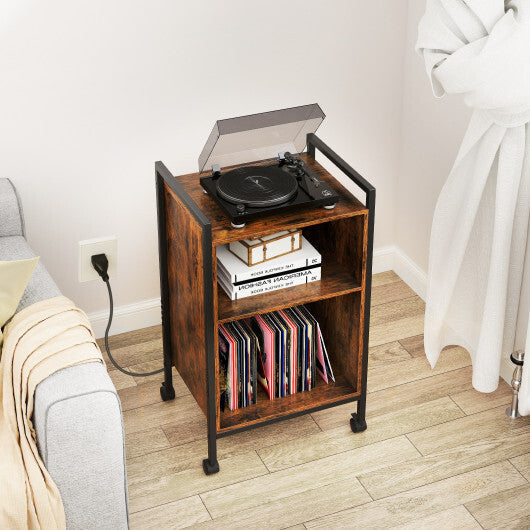 Mobile Record Player Stand with Power Outlet-Rustic Brown LuxuryLifeWay Online Store