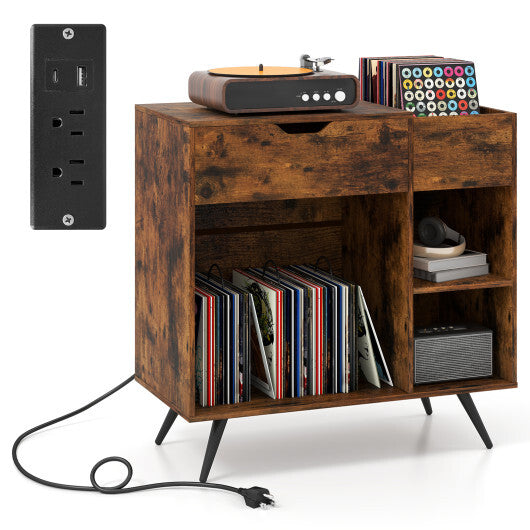 Record Player Stand with Power Outlet-Rustic Brown LuxuryLifeWay Online Store