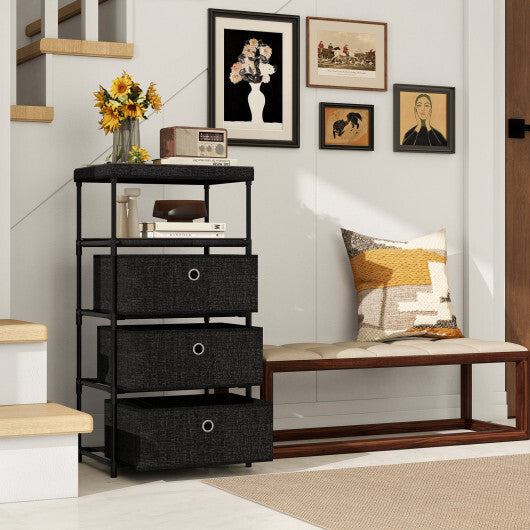 Dresser with 3/4 Drawers Fabric Storage Tower with Wood Top and Metal Frame-M - Color: Black - Size: M LuxuryLifeWay Online Store