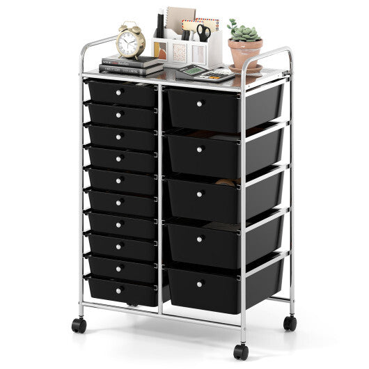 Rolling Storage Cart 15-Drawer Trolley with Chrome Plated Metal Frame-Black LuxuryLifeWay Online Store