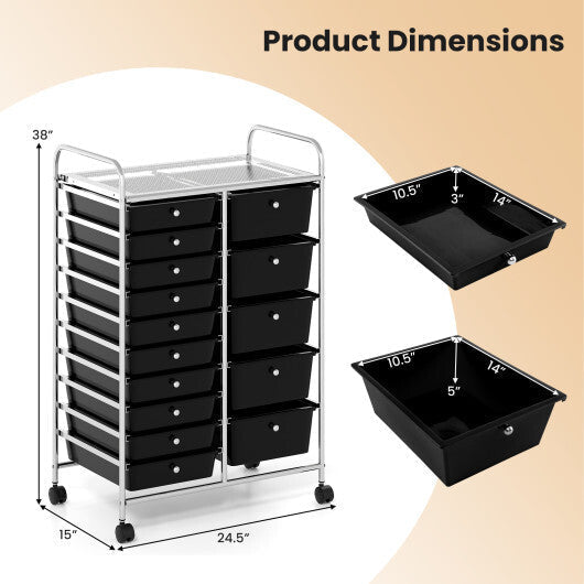 Rolling Storage Cart 15-Drawer Trolley with Chrome Plated Metal Frame-Black LuxuryLifeWay Online Store