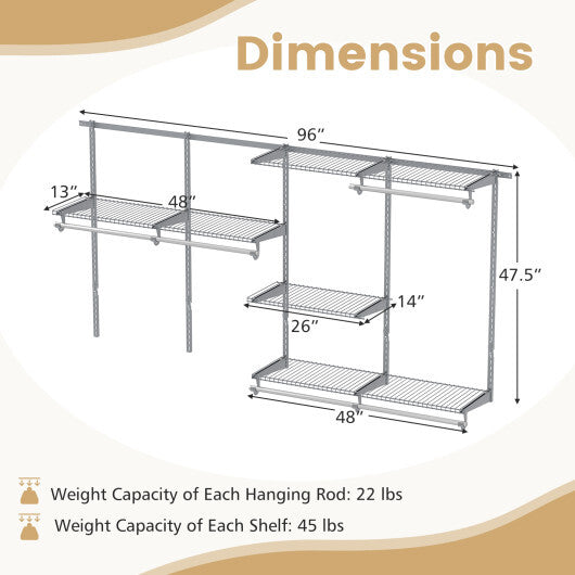 Closet System 4-8 FT Wall-Mounted Closet Shelves and Rod-Gray LuxuryLifeWay Online Store