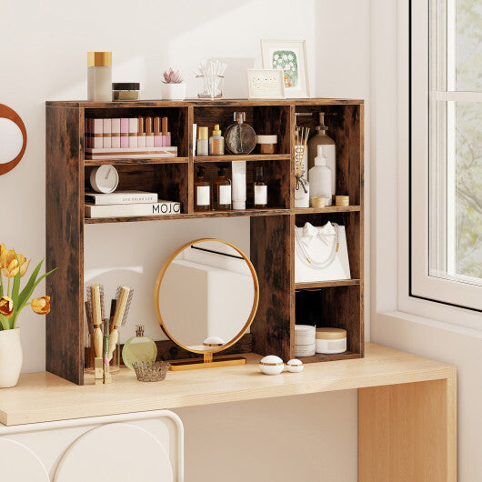 Desktop Bookshelf with 7 Open Cubbies and 3 Adjustable Shelves-Brown LuxuryLifeWay Online Store