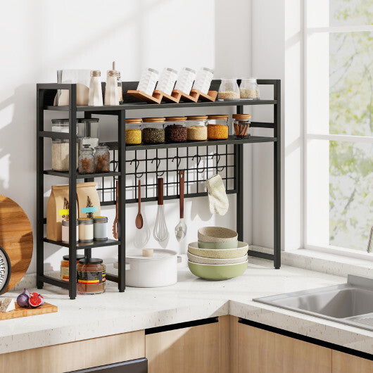 4-Tier Desk Shelf Desktop Display Rack with Metal Grid Panel and 6 Hooks-Black LuxuryLifeWay Online Store