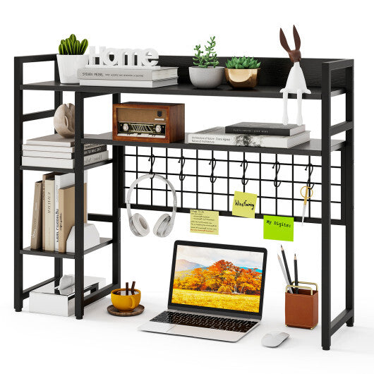 4-Tier Desk Shelf Desktop Display Rack with Metal Grid Panel and 6 Hooks-Black LuxuryLifeWay Online Store