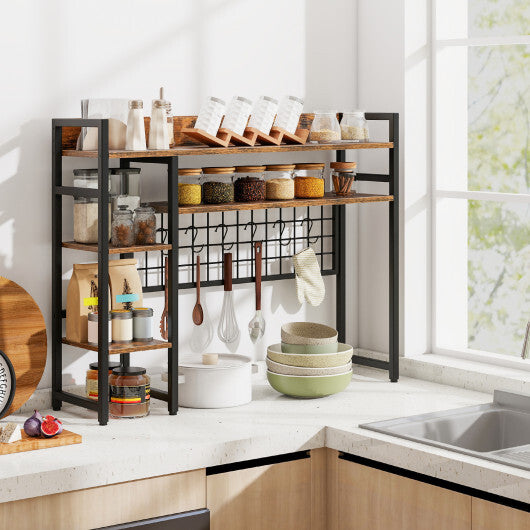 4-Tier Desk Shelf Desktop Display Rack with Metal Grid Panel and 6 Hooks-Black LuxuryLifeWay Online Store