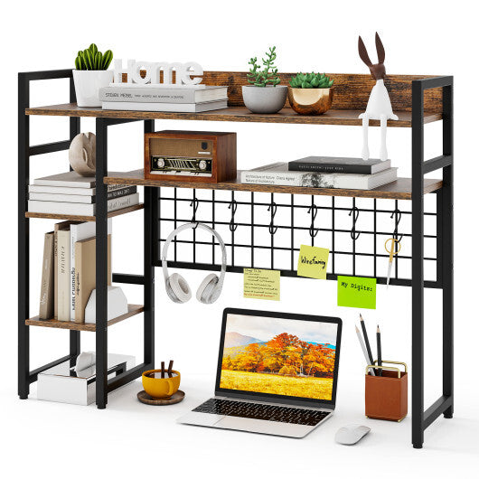 4-Tier Desk Shelf Desktop Display Rack with Metal Grid Panel and 6 Hooks-Black LuxuryLifeWay Online Store