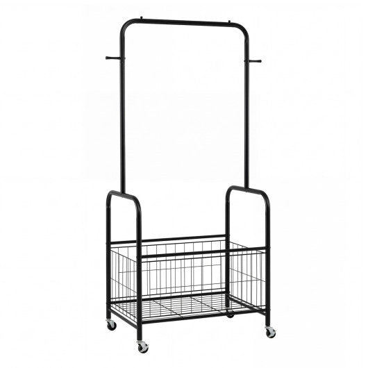 Rolling Metal Clothes Rack with Hanging Rod and Storage Basket-Black LuxuryLifeWay Online Store
