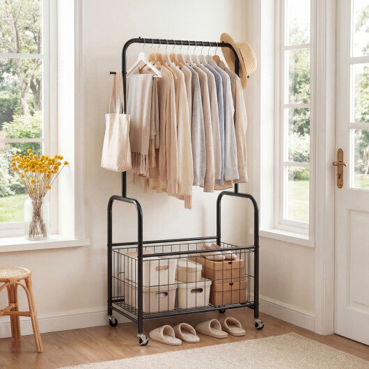 Rolling Metal Clothes Rack with Hanging Rod and Storage Basket-Black LuxuryLifeWay Online Store