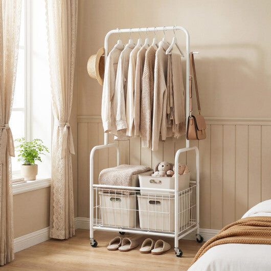 Rolling Metal Clothes Rack with Hanging Rod and Storage Basket-Black LuxuryLifeWay Online Store