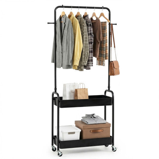 Heavy-Duty Laundry Cart with Hanging Rod and 2 Storage Baskets for Bedroom-Black LuxuryLifeWay Online Store