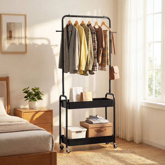 Heavy-Duty Laundry Cart with Hanging Rod and 2 Storage Baskets for Bedroom-Black LuxuryLifeWay Online Store