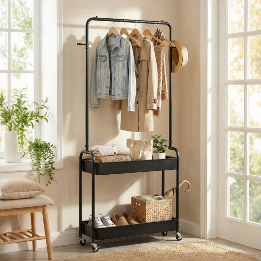 Heavy-Duty Laundry Cart with Hanging Rod and 2 Storage Baskets for Bedroom-Black LuxuryLifeWay Online Store
