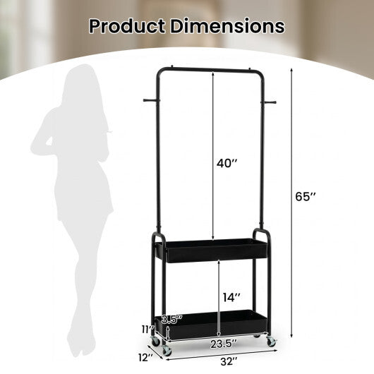 Heavy-Duty Laundry Cart with Hanging Rod and 2 Storage Baskets for Bedroom-Black LuxuryLifeWay Online Store
