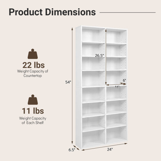 16 Compartment CD Storage Unit 54" Freestanding Open Display Shelf with 12 Removable Shelves-White LuxuryLifeWay Online Store