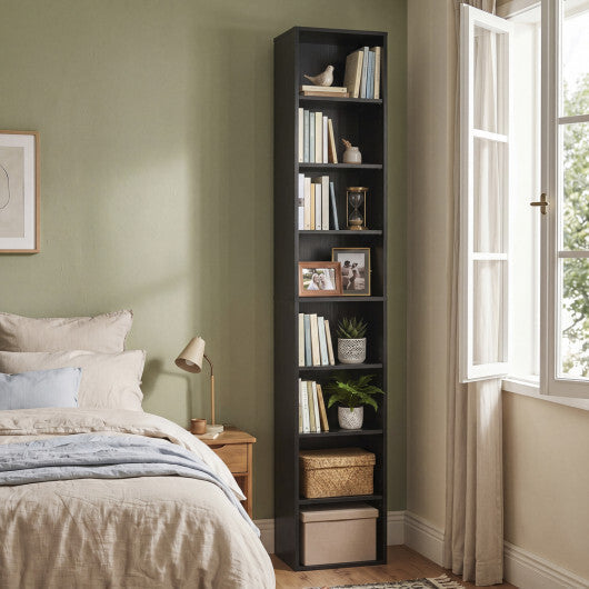 8-Tier Narrow Bookshelf with 4 Adjustable Shelves and Storage Cubes-Black LuxuryLifeWay Online Store