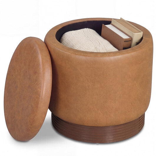 Round Storage Ottoman with Acacia Wood Frame for Living Room and Bedroom-Brown LuxuryLifeWay Online Store