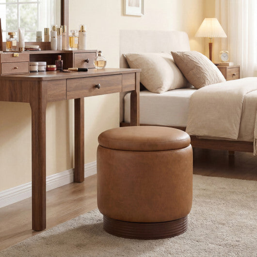 Round Storage Ottoman with Acacia Wood Frame for Living Room and Bedroom-Brown LuxuryLifeWay Online Store
