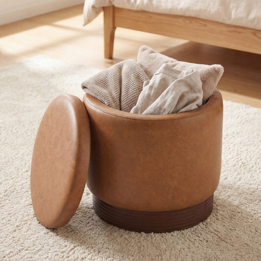 Round Storage Ottoman with Acacia Wood Frame for Living Room and Bedroom-Brown LuxuryLifeWay Online Store