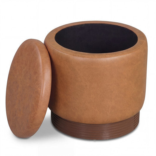Round Storage Ottoman with Acacia Wood Frame for Living Room and Bedroom-Brown LuxuryLifeWay Online Store