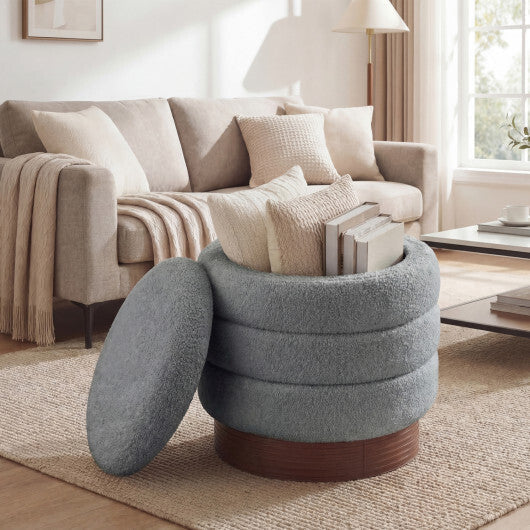 Round Storage Ottoman with Acacia Wood Frame for Living Room-Gray LuxuryLifeWay Online Store