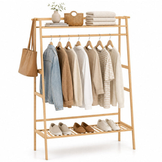 Bamboo Clothing Garment Rack Freestanding Open Wardrobe Organizer with Hanging Rod-Natural LuxuryLifeWay Online Store