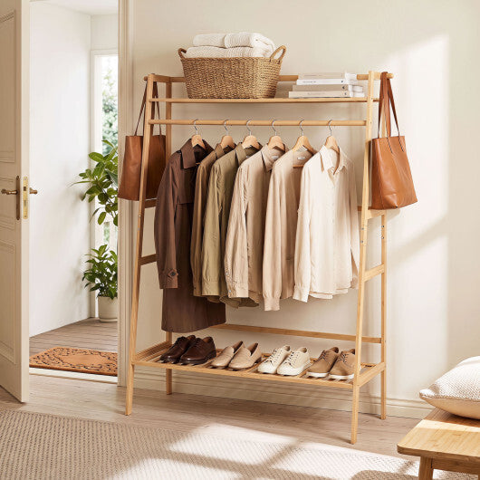 Bamboo Clothing Garment Rack Freestanding Open Wardrobe Organizer with Hanging Rod-Natural LuxuryLifeWay Online Store