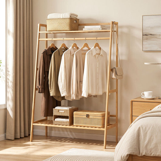 Bamboo Clothing Garment Rack Freestanding Open Wardrobe Organizer with Hanging Rod-Natural LuxuryLifeWay Online Store