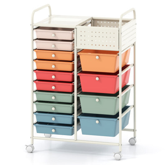 14-Drawer Rolling Storage Cart with Metal Tabletop and Pegboard-Macaron LuxuryLifeWay Online Store