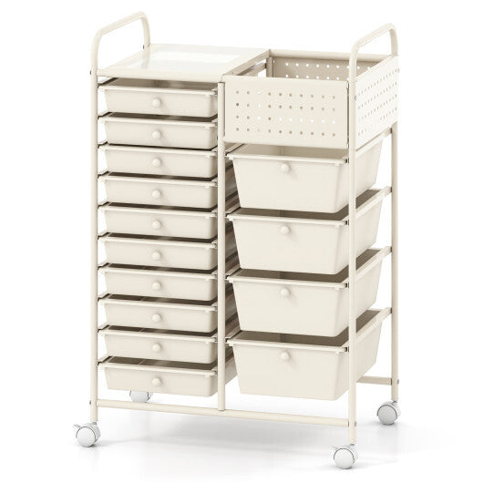 14-Drawer Rolling Storage Cart with Metal Tabletop and Pegboard-Macaron