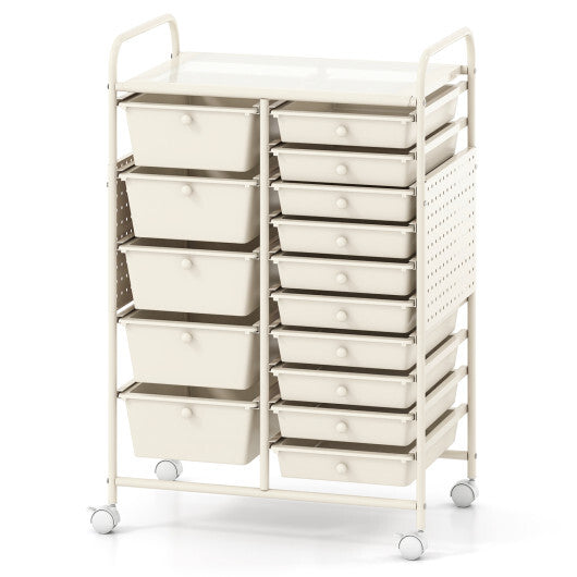 15-Drawer Rolling Storage Cart with Metal Tabletop and Pegboard-White LuxuryLifeWay Online Store